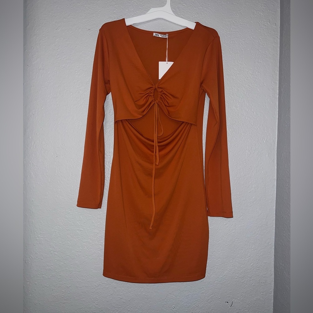 Zara Women Orange Open Front Long Sleeve Midi Dress